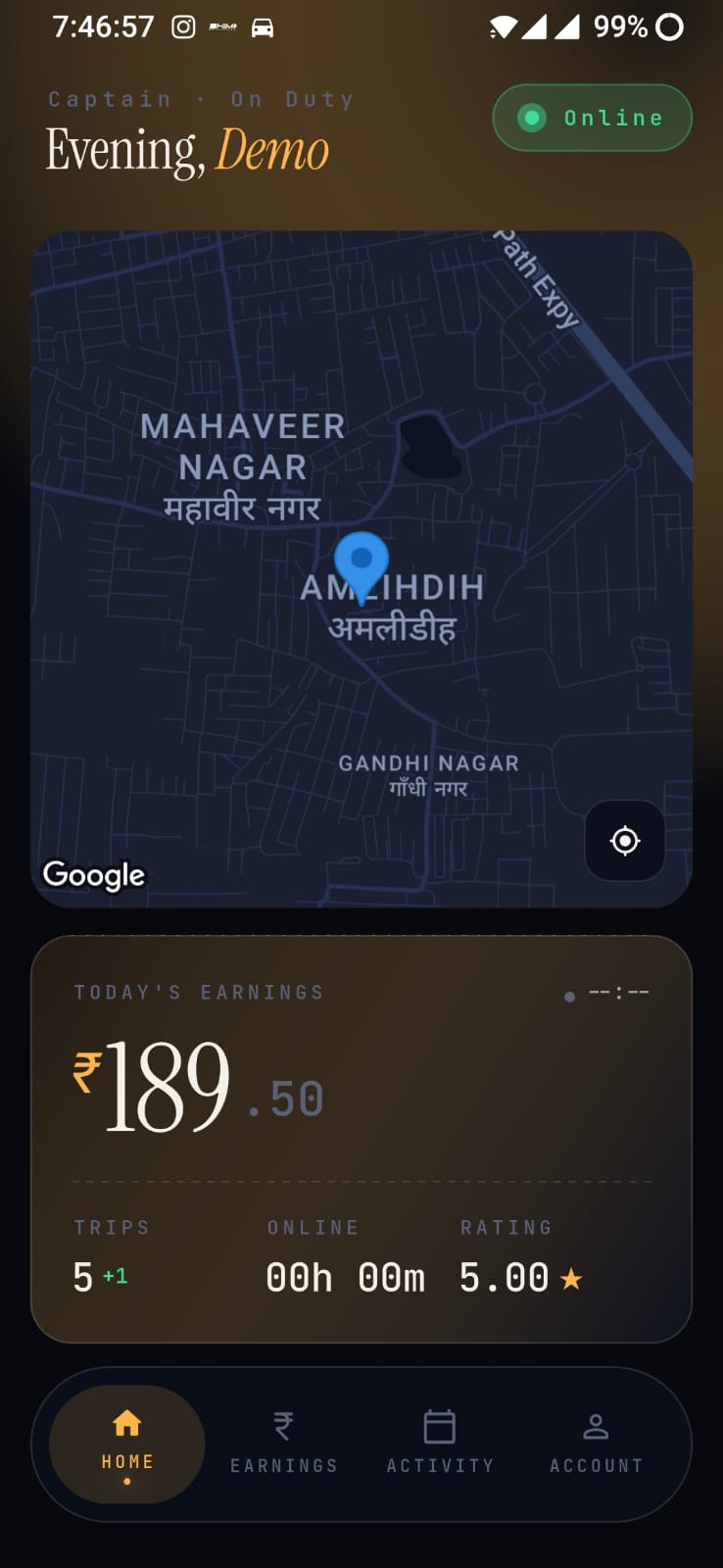 Zoride Captain app — home dashboard