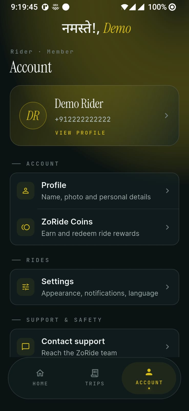 Zoride Rider app — account screen