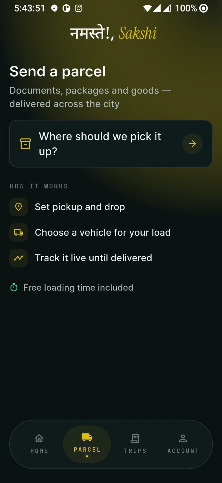 Zoride Rider app — send a parcel